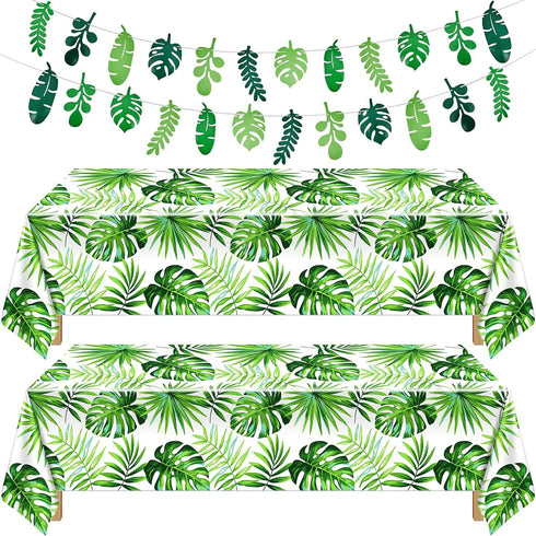 Tatuo 2 Pieces Palm Leaf Table Covers, Hawaii Green Leaves Tablecloths and 2 Pieces Palm Leaves Banners