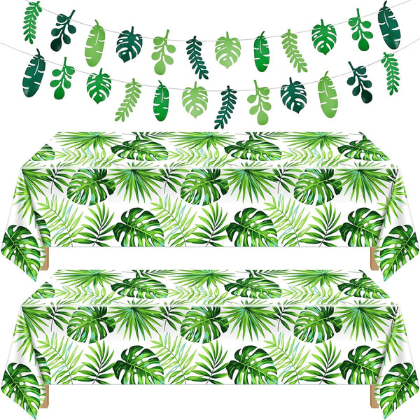 Tatuo 2 Pieces Palm Leaf Table Covers, Hawaii Green Leaves Tablecloths and 2 Pieces Palm Leaves Banners