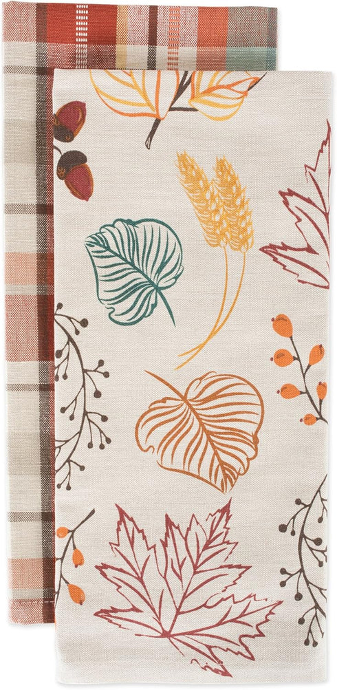 DII Fall Basics Kitchen Dishtowel Collection, 2 Count, Printed & Plaid Fall Dish Towel Set, 18x28, Autumn Leaves