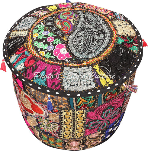 Bohemian Living Room Pouf Cover, Round Patchwork Embroidered Ottoman, Black Cotton Floral, 18x18x13