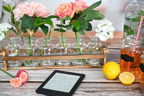 6 Beautiful Glass Flower Vase with Wooden Plant Stand & Bud Vases, Decorative Glass Bottles for Home Dcor, Dining Table