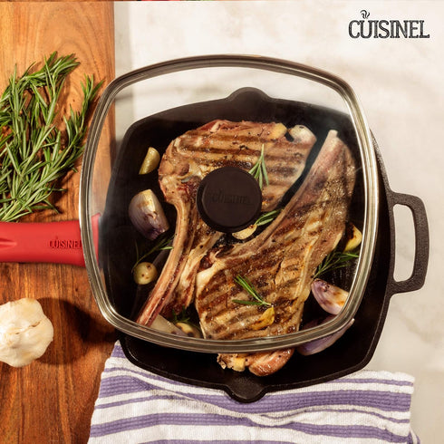 Cuisinel Cast Iron Square Grill Pan with Glass Lid, Pan Scraper, Handle Cover - 10.5" Pre-Seasoned