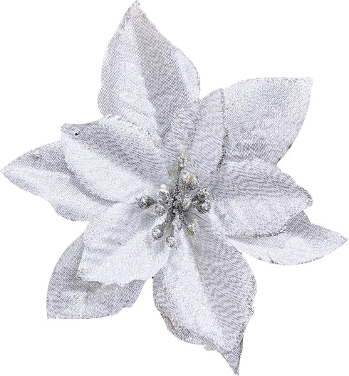 Winlyn 24 Set Christmas Silver Glitter Poinsettia Flower Picks, Christmas Tree Ornaments, White Gift Box Included