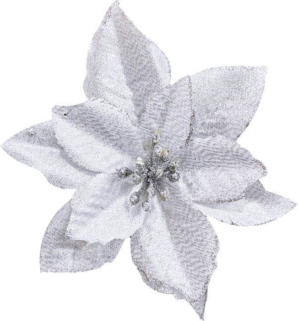 Winlyn 24 Set Christmas Silver Glitter Poinsettia Flower Picks, Christmas Tree Ornaments, White Gift Box Included