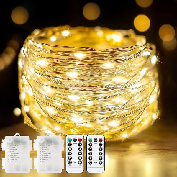 Metaku 2 Pack 33Ft 100 LED Fairy Lights, Battery Operated String Lights with Remote Timer, Warm White