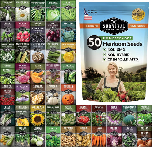 Homesteader Seed Vault - 50 Packs of Non-GMO Heirloom Vegetable, Fruit, Herb
