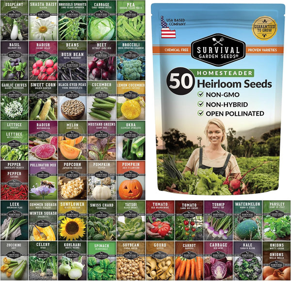 Homesteader Seed Vault - 50 Packs of Non-GMO Heirloom Vegetable, Fruit, Herb