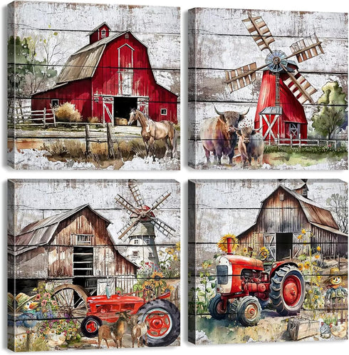 Rustic Farmhouse Wall Art - Red Barn Pictures for Country Kitchen Decor, 12x12" Canvas Prints, 4Pcs
