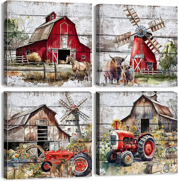 Rustic Farmhouse Wall Art - Red Barn Pictures for Country Kitchen Decor, 12x12" Canvas Prints, 4Pcs