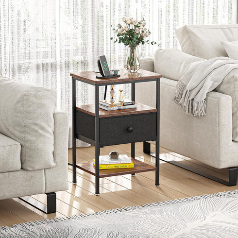 VECELO Nightstand with Charging Station,Bedside Table with Storage Shelf&Fabric Drawer,End Tables for Bedroom,Living