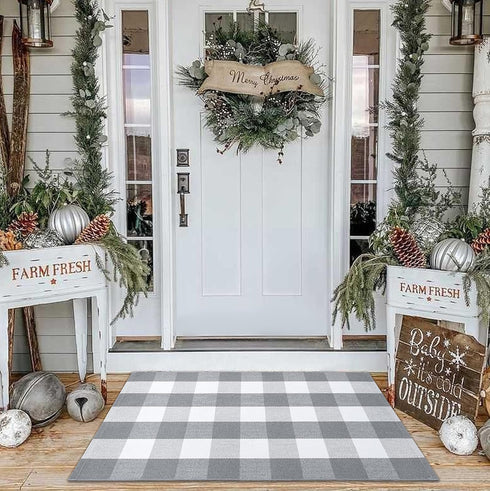 KOZYFLY Buffalo Plaid Rug 27.5x43 Inches, Grey and White Hand Woven Cotton Washable Indoor Rug