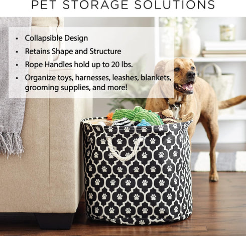 Bone Dry Pet Storage Collection Large Round Bin with Striped Paw Patch, Gray