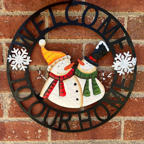 Welcome to Our Home Rustic Metal Snowmen Hanging Welcome Signs for Front Door Wreaths and Garden Decor