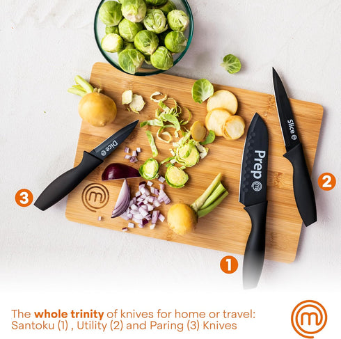 MasterChef Kitchen Knives Set of 3, Small Knife Set for Home Cooking, RV or Camping, Extra Sharp Cutting, Non Stick Coated Stainless Steel Blades & Soft-Touch Easy-Grip Handles, Black with Captions by MasterChef