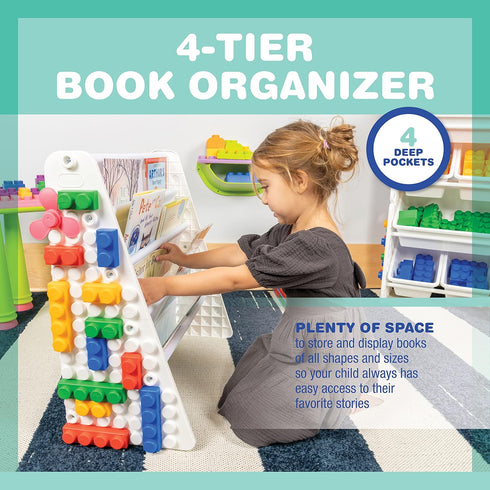 4-Tier UNiPLAY Kids Book Storage Organizer with Sling Book Pockets, Plastic Sling Rack Bookshelf for Playroom, Fits