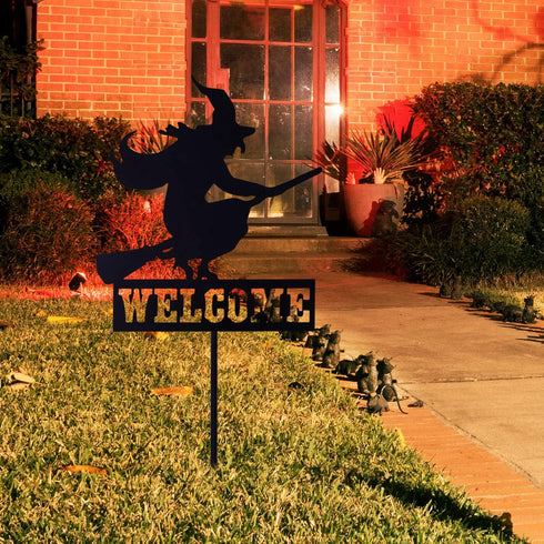 Whaline Halloween Welcome Sign with Stake, Spooky Witch on Broom Door Hanger, Black Witches Silhouette Garden Stakes