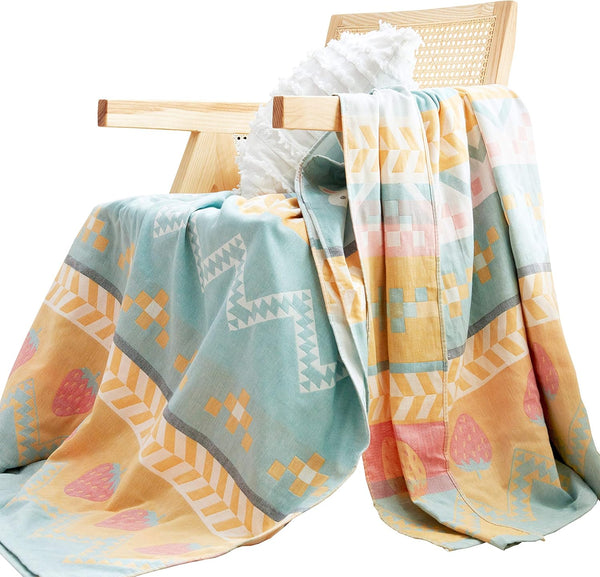 MEJU Boho Bunny Rabbit Green Muslin Lightweight Summer Strawberry Blanket Throw for Bed