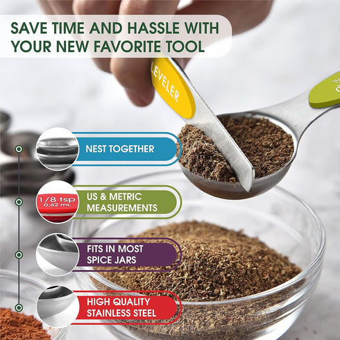 Spring Chef Stainless Steel Magnetic Measuring Spoons Set, Heavy Duty Metal Kitchen Essentials, Set of 8.