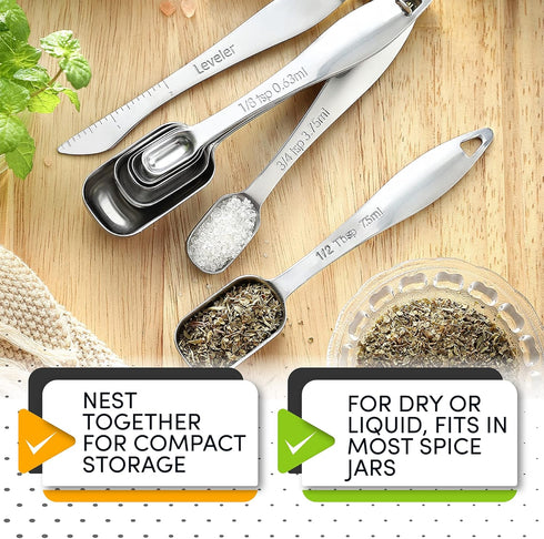 Spring Chef Stainless Steel Measuring Spoons - Set of 8 with Leveler for Dry & Liquid Ingredients, Fits in Spice Jars