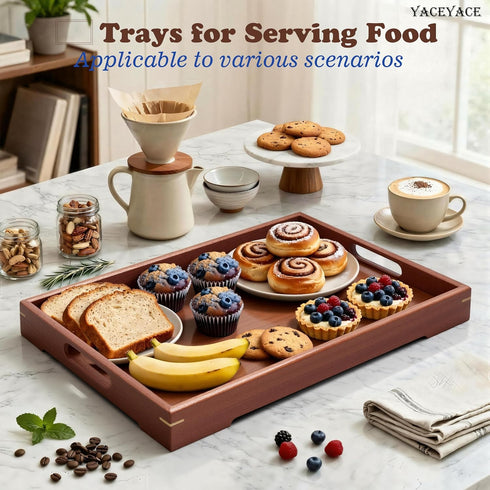 YACEYACE 15"x10"x1.5" Wooden Tray for Ottoman, Medium Wood Serving Tray with Handle for Coffee Table, Dining, Home