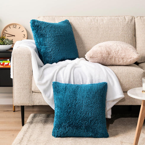 PAVILIA Teal Blue Fluffy Throw Pillow Covers, Set of 2 - Decorative Accent Pillow Cases for Bed Sofa Couch, Soft Faux