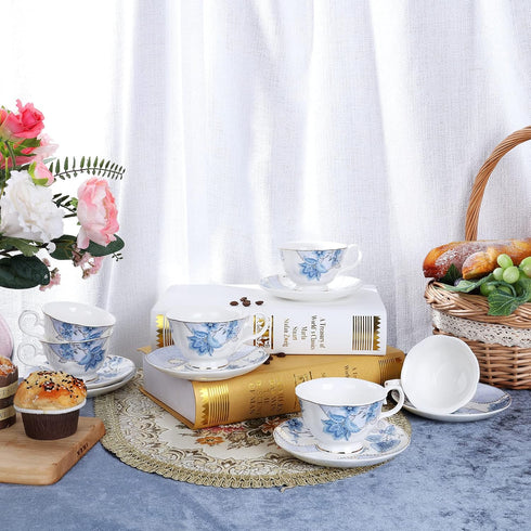 Set 6(5 oz), fanquare Floral Coffee Cups of Porcelain Cappuccino Cups with Saucers, Tea Cup for Birthday Wedding Party