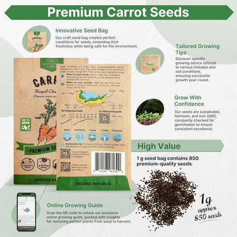 Pack 1G 850 Packet, Organo Republic Carrot Royal Chantenay Seeds - Over of Non-GMO Heirloom Carrot Seeds for Planting