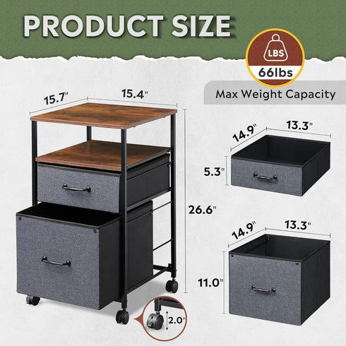 DEVAISE 2 Drawer Mobile File Cabinet, Rolling Printer Stand with Open Storage Shelf, Rustic Brown