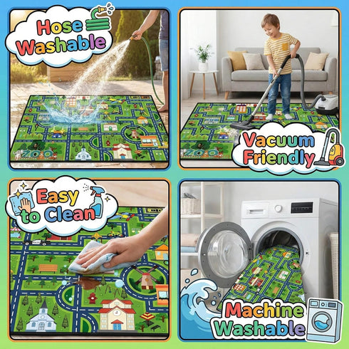 2.5x4 Kids Car Rug Play Mat Feet City Life Road Traffic Carpet for Bedroom Playroom Non Slip Backing Washable Floor Mat
