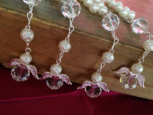 25 Pc Ivory Color Baptism Favors with Angels, Mini Rosaries, Silver Plated Acrylic Beads