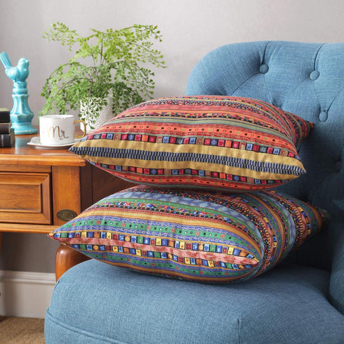 TAOSON Red Stripe Bohemian Style Pillowcase, Antique Cotton Blend Linen, 18x18 Inch, Hidden Zipper Closure