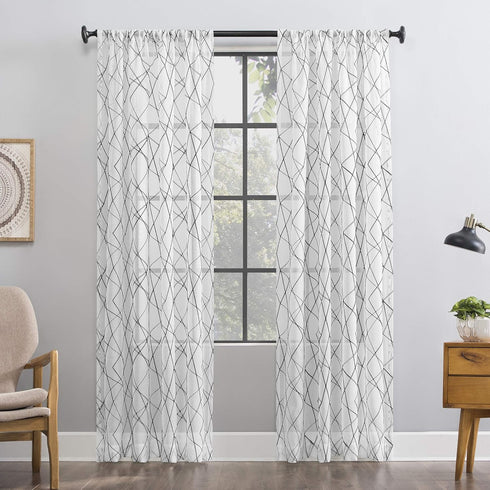No. 918 Fraction 2-pack Mid-Century Modern Geometric Embroidery Semi-Sheer Curtain Panel Pair, 50" x 84", Black