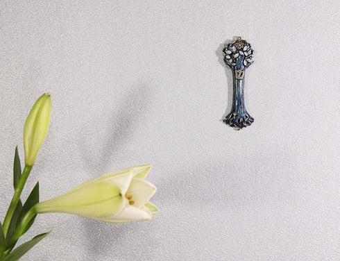 Bless This House Mezuzah Case, Wooden Texture Design with David Star, Blue Indigo Color for Jewish Homes