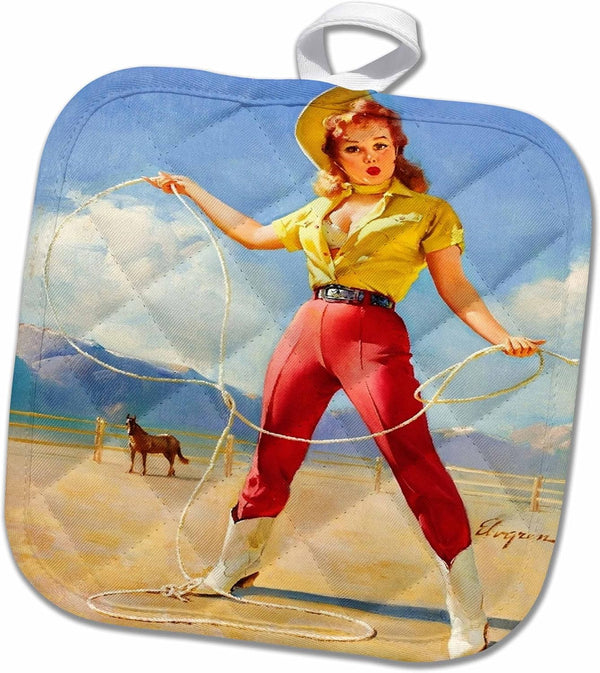 3D Rose Elvgren Pinup Roping Cowgirl Pot Holder, 8 x 8