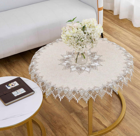 33 inches 33Round) Natural Linen Decorative Lace Doily Round Neutral Earth Tones Beige Lace Coffee Table Topper Dresser