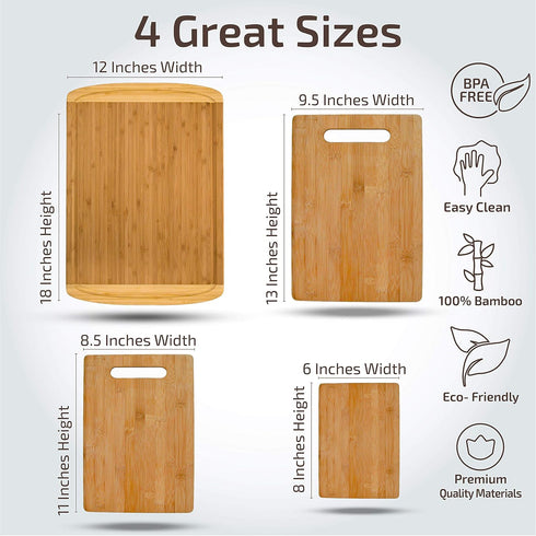 Set 4 Bamboo Cutting Board of - Wooden Cutting Boards for Kitchen with Juice Groove - Large Butcher Block, Cheese Board