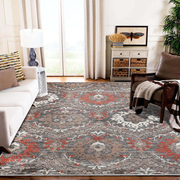 Superior Indoor Area Rug, Modern Oriental Floral Damask, 4' x 6', Jute Backed, Grey Brown for Living Room