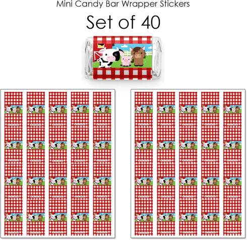 Big Dot of Happiness Farm Animals Mini Candy Bar Wrapper Stickers, 40 Count - Barnyard Baby Shower or Birthday Party