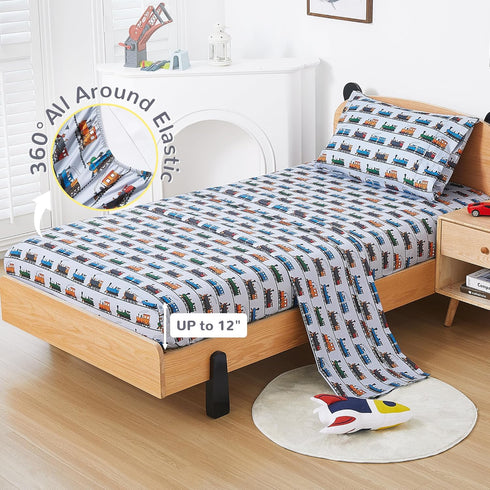 4 Set Sets- Viviland Pieces Boys Grey Full Sheet - Soft Microfiber Fitted Flat Sheets & Pillowcases - Retro Train Print