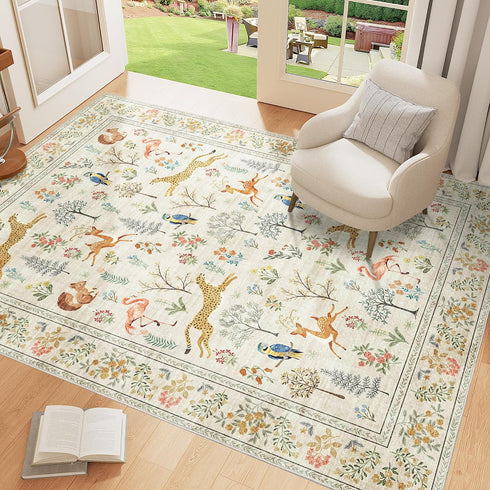 3x5 DUKINO Rug, Washable Animal Area Rug with Non Slip Vintage Design, Indoor Soft Low Pile Carpet for Bedroom