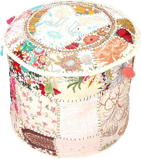 Stylo Culture (16x16x13) Indian Patchwork Pouf Ottoman Cover Round Embroidered Pouffe White Cotton Floral Traditional