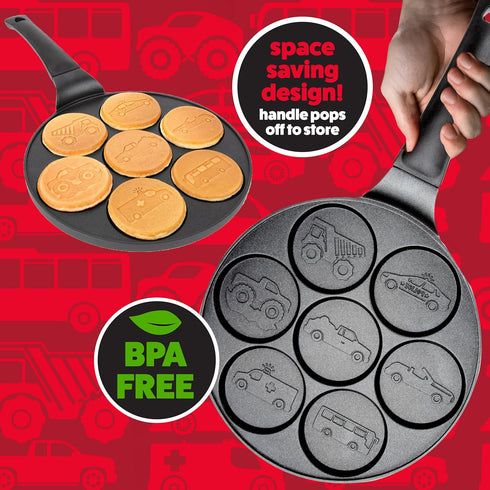 Car & Truck Mini Pancake Pan, Make 7 Unique Flapjack Cars, Nonstick Griddle for Breakfast Fun & Easy Cleanup