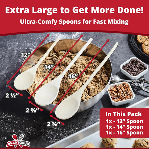Pro Grade Super Comfy Wooden Spoon - 3 Pc Set, Heavy Duty Cooking Utensils with Long Handles for Baking and Mixing