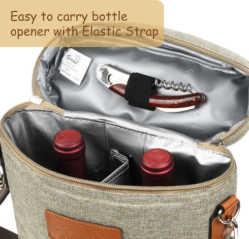 Tirrinia 2 Bottle Wine Gift Tote Carrier, Insulated Padded Wine Cooler Bag for Travel, Grey