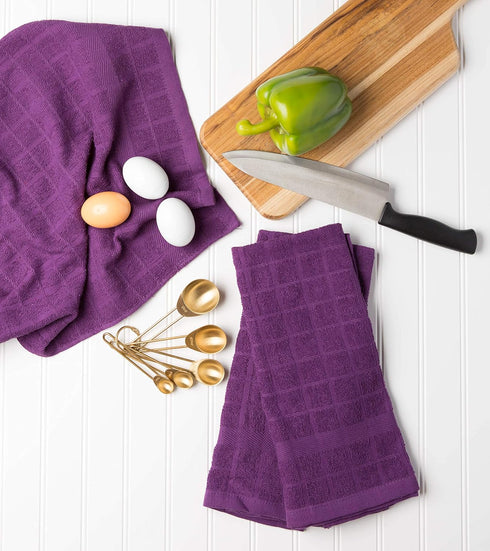 DII Basic Terry Collection Windowpane Dishtowel Set, 4 Piece, Eggplant Solid, 16x26