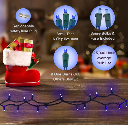 Set, 60 5mm Holiday Essence Blue LED Mini Christmas Lights Memorial Fourth of July Blue String Lights, Green Wire