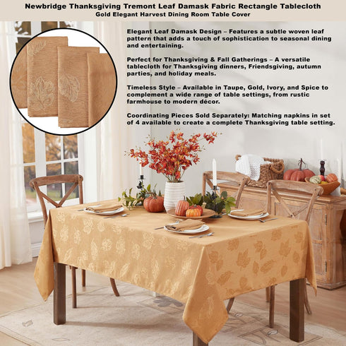 60 144 Inch, Newbridge Gold Tremont Leaf Damask Rectangle Fabric Spring Lodge Tablecloth, x Elegant Holiday Swirling