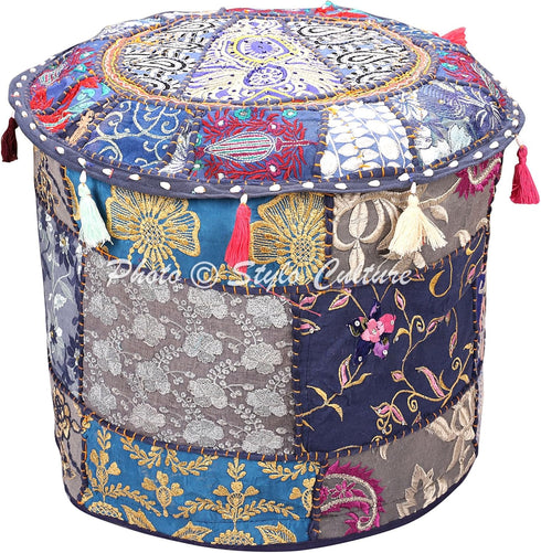 Ethnic Ottoman Cover Round Indian Patchwork Embroidered Pouffe, Blue Cotton Floral Footstool (18x18x13)