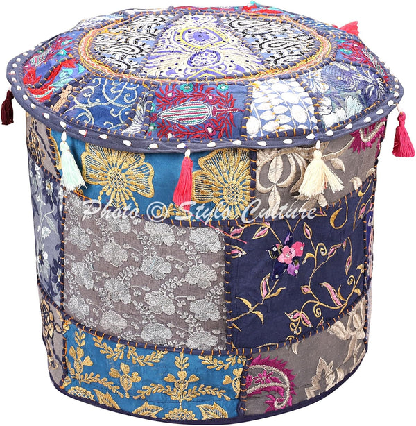 Ethnic Ottoman Cover Round Indian Patchwork Embroidered Pouffe, Blue Cotton Floral Footstool (18x18x13)