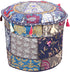Ethnic Ottoman Cover Round Indian Patchwork Embroidered Pouffe, Blue Cotton Floral Footstool (18x18x13)